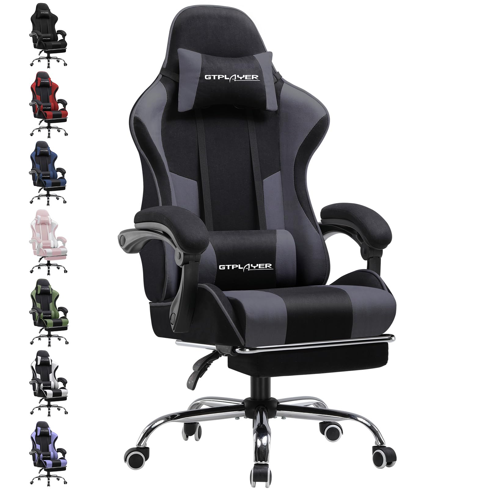 GTPLAYER Gaming Stuhl Stoff, Bürostuhl Massage Gaming Sessel Ergonomischer Gamer Stuhl mit Fußstütze, Gepolstert Gaming Chair, Drehsessel 150KG, grau