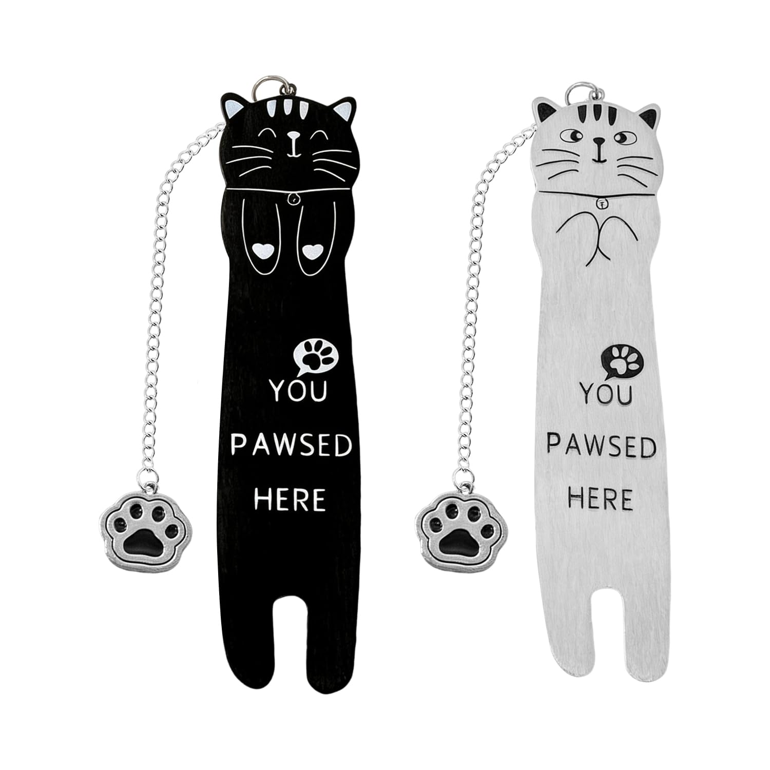 FFDHWU 2 Pieces Of Fun Cat-Shaped Bookmarks, With Paw Print Chain Decoration, Creative Reading Marker Supplies, Gifts For Reading Lovers (Black, Silver).