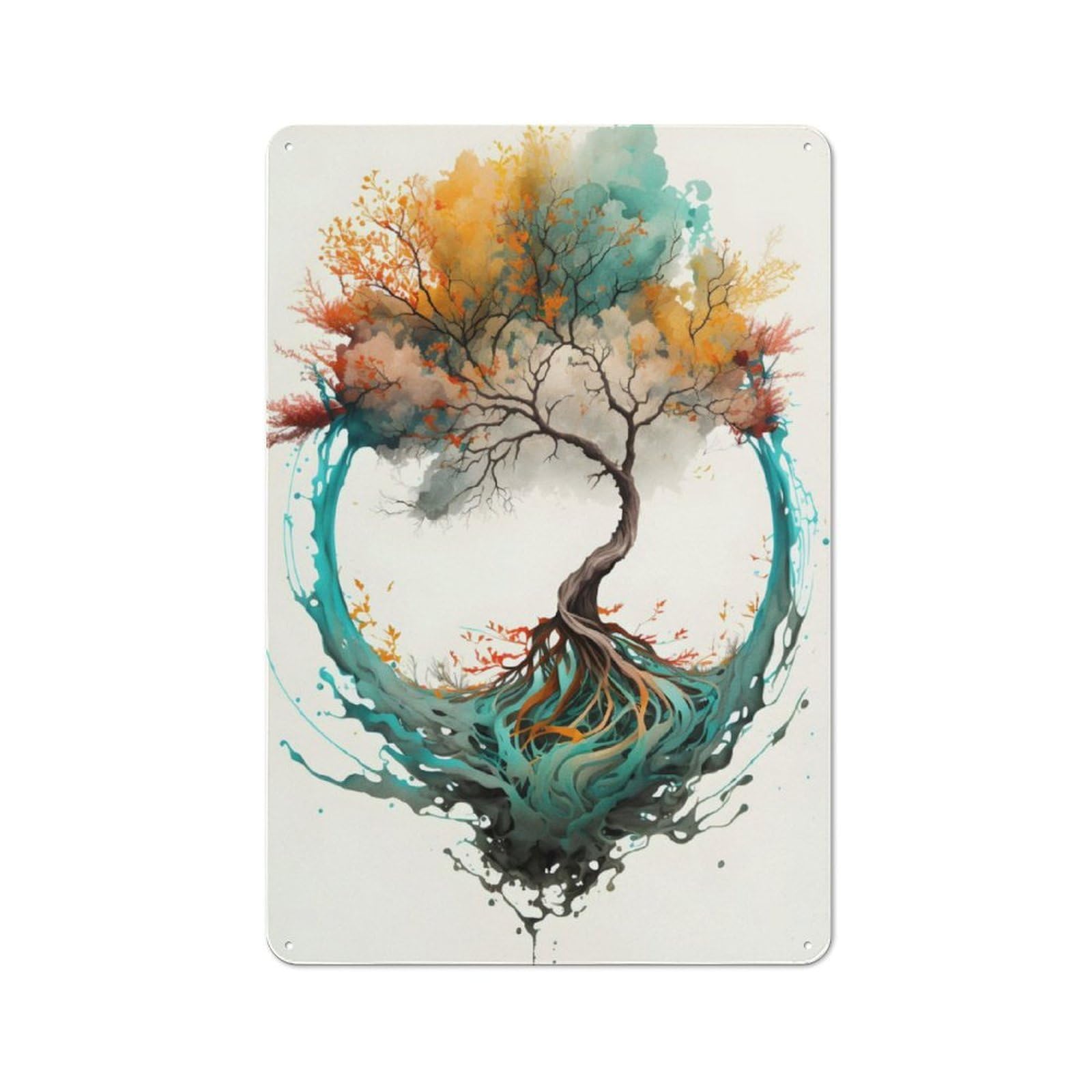 Junmoney Watercolors Tree Vintage Tin Wall Plaque 30X20cm For Workshop Wall, A Decorative Christmas Gift For Makers And Diy Enthusiasts
