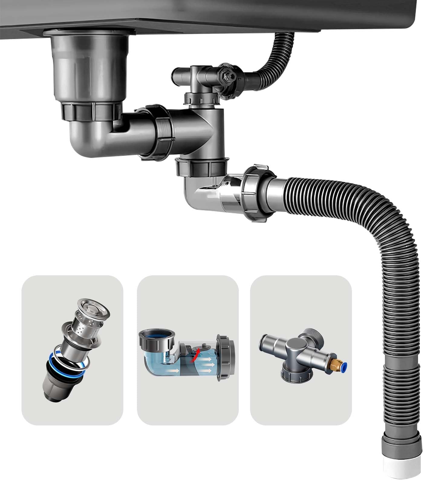 QruiLanTu Single Sink Kitchen Sink Drain Kit Space Saving Flexible Drain Pipe...