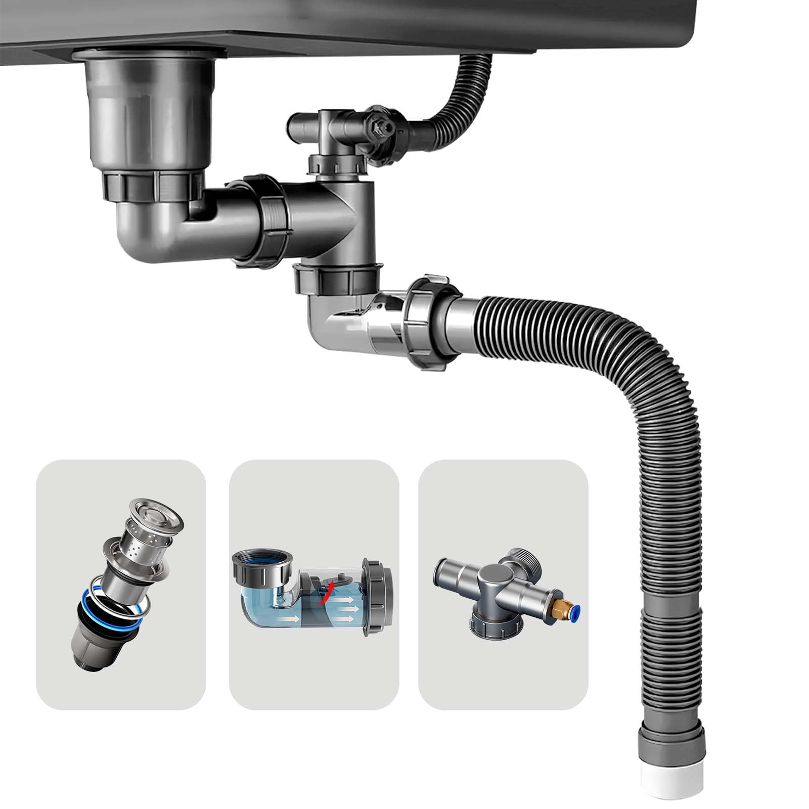 Single Sink Kitchen Sink Drain Kit Space Saving Flexible Drain Pipe Flexible P-Trap Drain Strainer with 3-1/2 Inch Sink Drain Assembly Kit 304 Stainless Steel