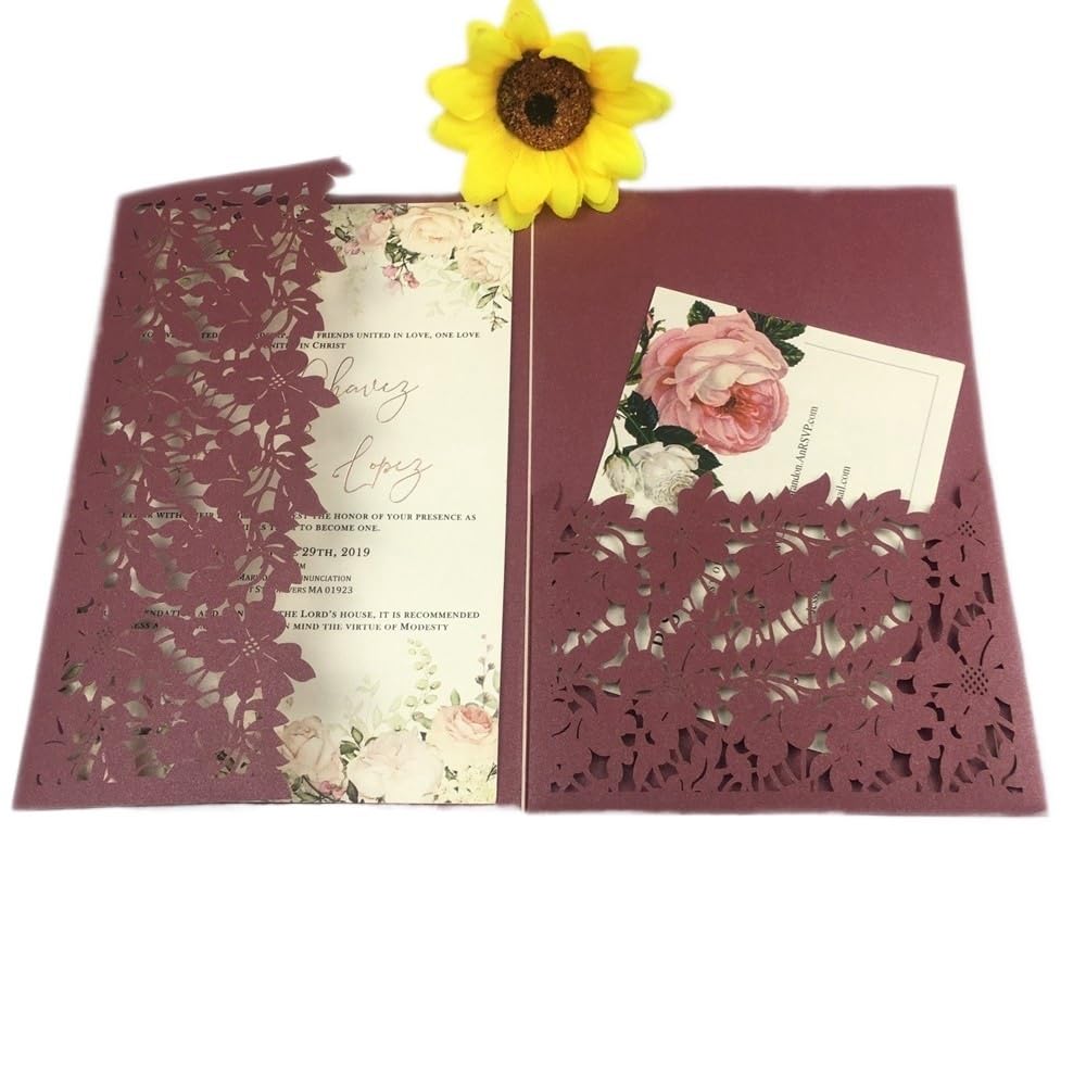 Invitations de Mariage Kit de 50 Cartes d'invitation de Mariage à Trois Volets découpées au Laser, Feuilles Vertes et Bleu Marine, Pochette d'invitation personnalisée(Burgundy1,Cover and Envelope)