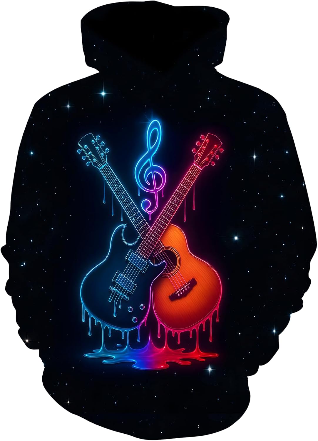Guitar Drip Hoodie Gift for Kids Youth, Neon 3D Music Style Pullover for Boys Girls Teens, Concert Festival Wear