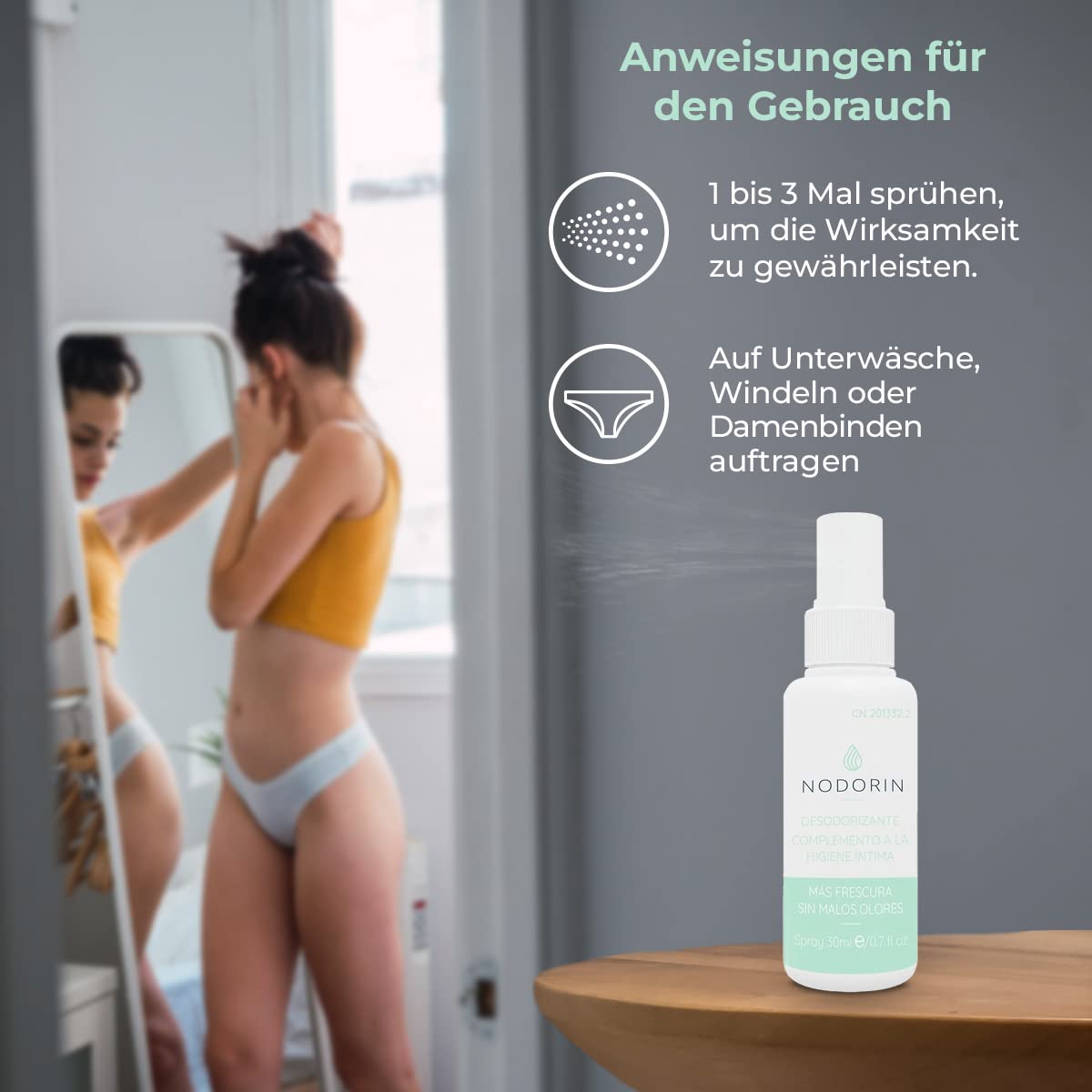 Nodorin – Intimdeodorant Spray – Antiseptisches & desodorierendes Intimspray – Zur Anwendung auf Slipeinlagen & Unterwäsche – Hilft gegen Geruch bei Harninkontinenz – 30 ml - Devicare