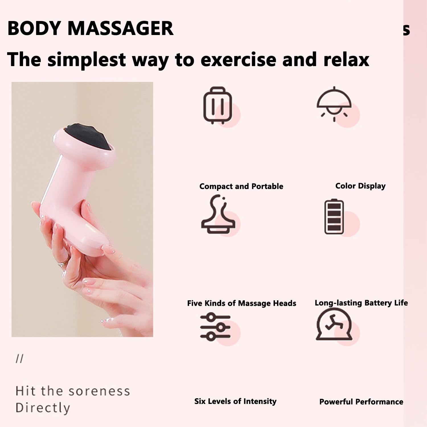 Tragbares Handmassagegerät - Multifunktionales Nacken-, Rücken- und Schultermassagegerät, geräuscharmes Design, 4 Geschwindigkeitsstufen, integrierter Akku, erhältlich in Weiß/Schwarz/Rosa