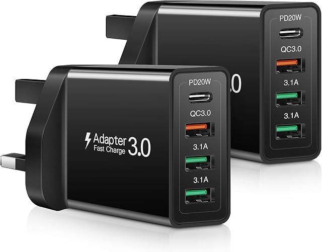 Fast charger Plug, Total 35W 2 Pack USB C Charger PD 3.0+QC 3.0 USB Plug Adaptor UK, 4 Port Multi USB Plug Compatible with Samsung Galaxy S22,S21,Note 10 9,S10, iPhone 13 12 11 Pro Max XR 8 (Black)