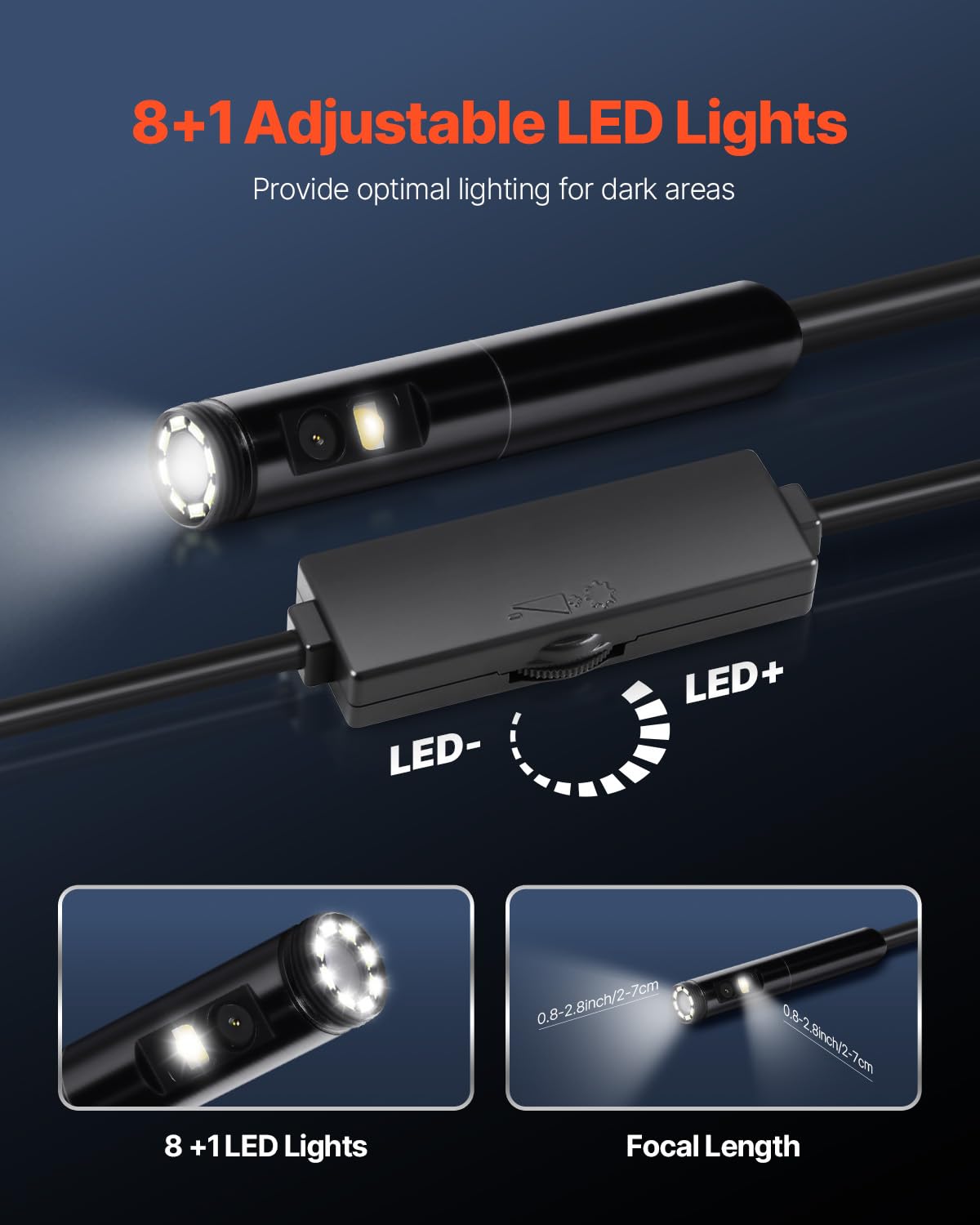 VEVOR Kamera endoskopowa, dwuobiektywowy boroskop, do systemów Android i iOS, HD 1920P, z 8 diodami LED + 1, Zoom 2X, elastyczny przewód 5 m, wodoszczelny IP67, do instalacji wodno-kanalizacyjnych