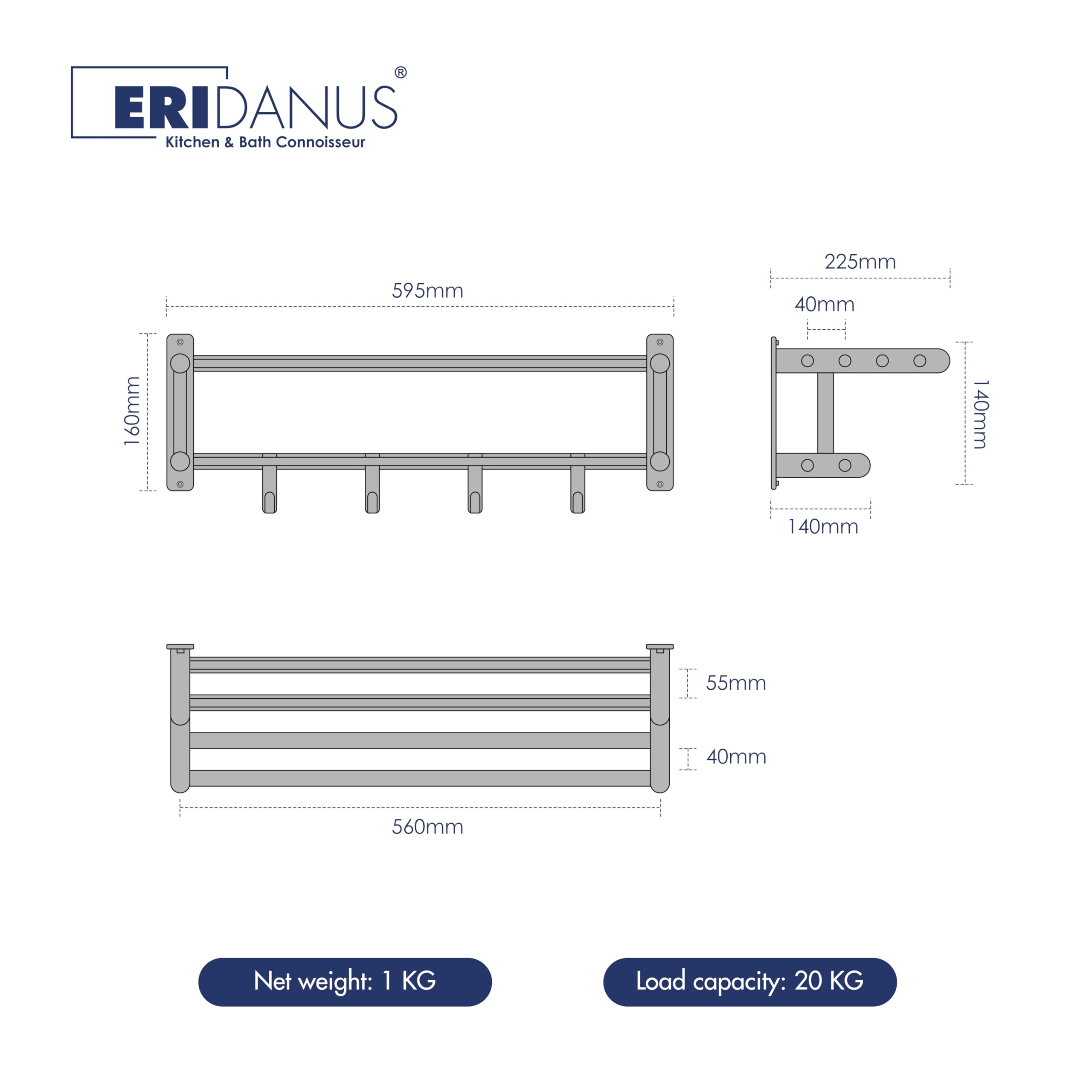Eridanus Estante de Toallas, Toallero Doble de Acero Inoxidable SUS304 de Pared, Estantería de Almacenamiento para Baño con Barras y Ganchos(60x22,5x16cm)