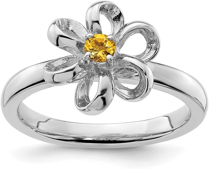Diamond2Deal Sterling Silver Stackable Polished Citrine Flower Ring Size 5 to 8