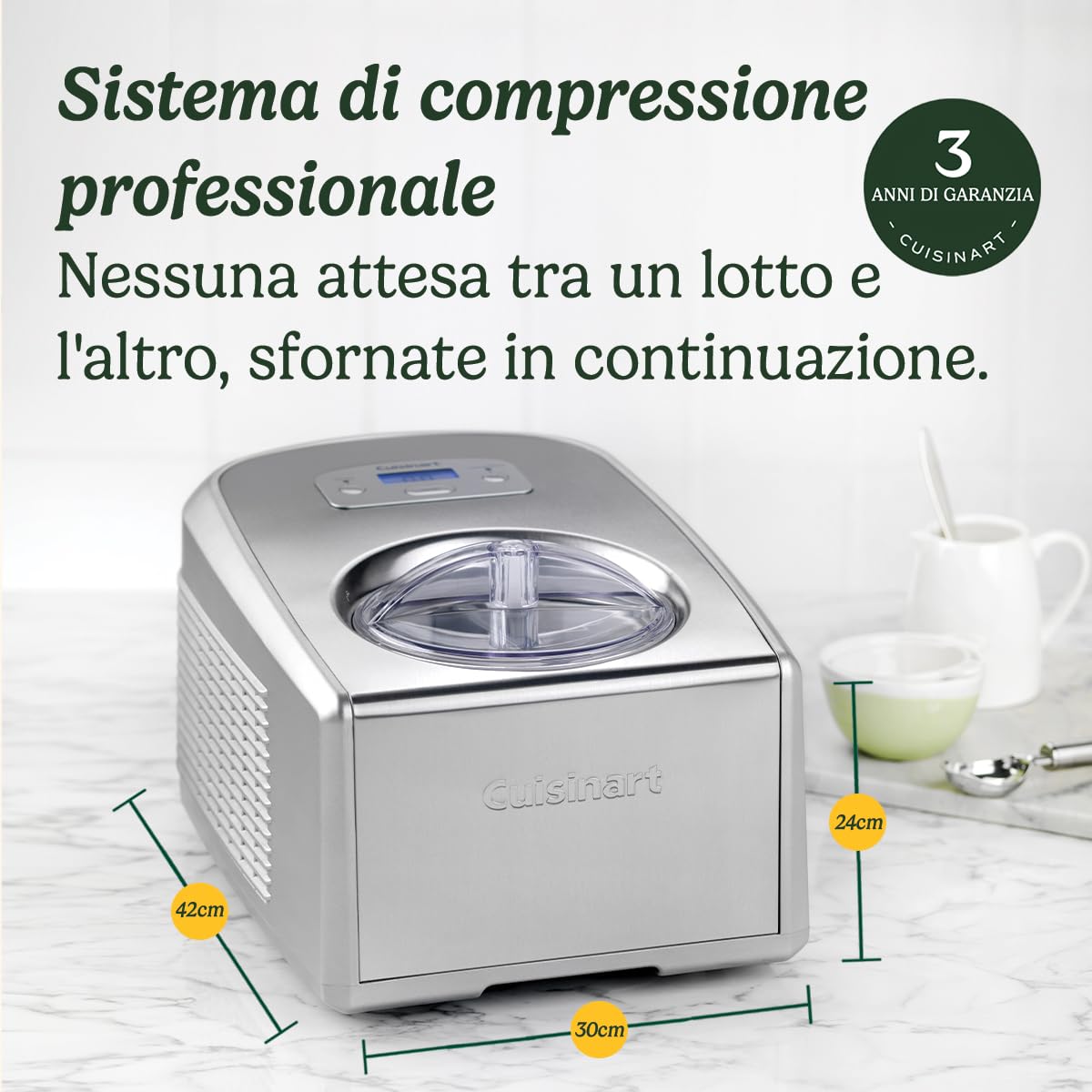 Cuisinart ICE100E Gelatiera con Compressore Integrato, Capacità 1,5 litri, auto-refrigerante, 2 Palette Incluse, Funzione Mantieni Freddo, Ideale per Gelati Sorbetti e Frozen Yogurt