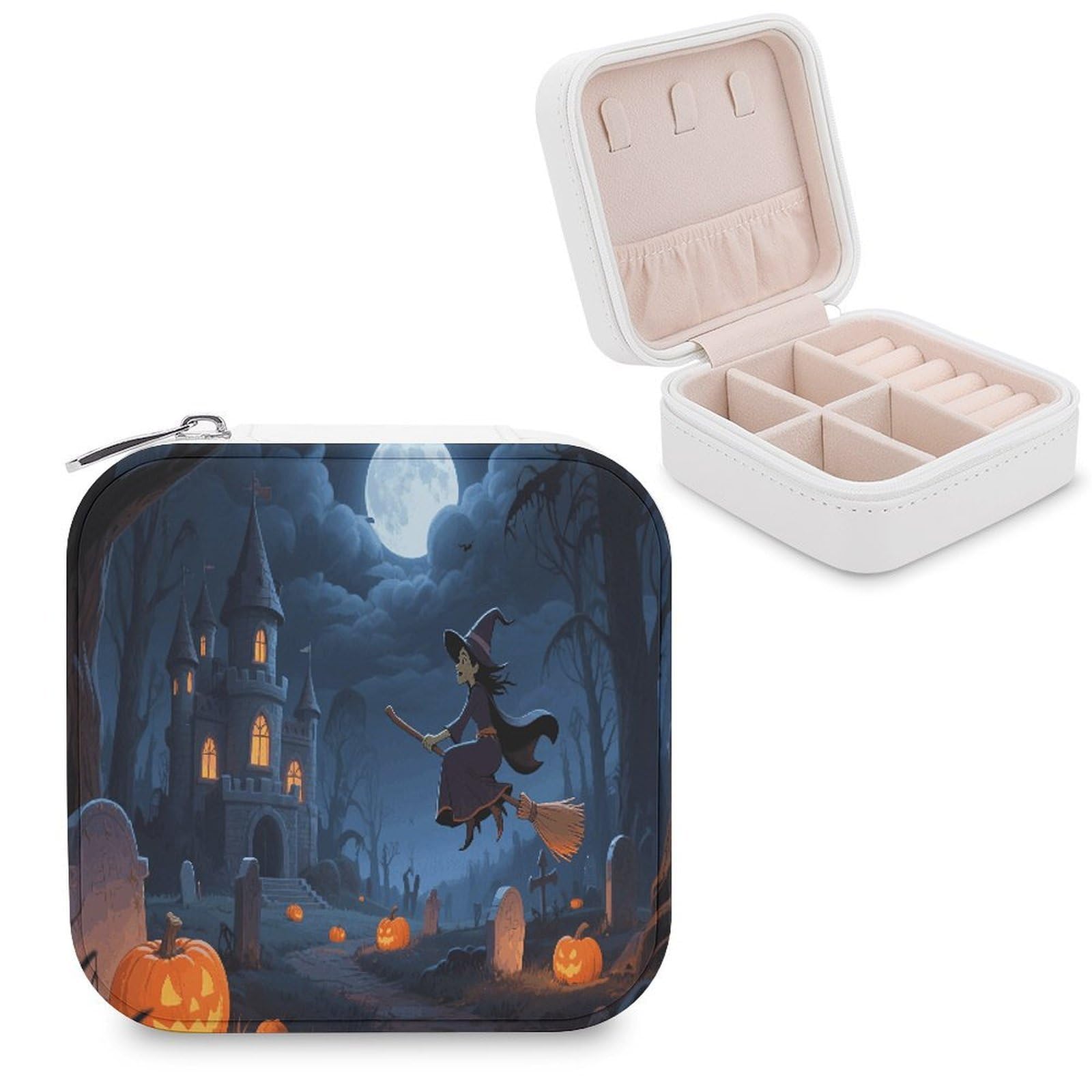 VstaDank Orange Pumpkin Witch Scary Castle Jewelry Organizer Travel Case for Women With Zipper Mini Jewelry Case PU Leather Jewelrys Box for Rings Necklaces Bracelets Earring Holder Organizer Storage