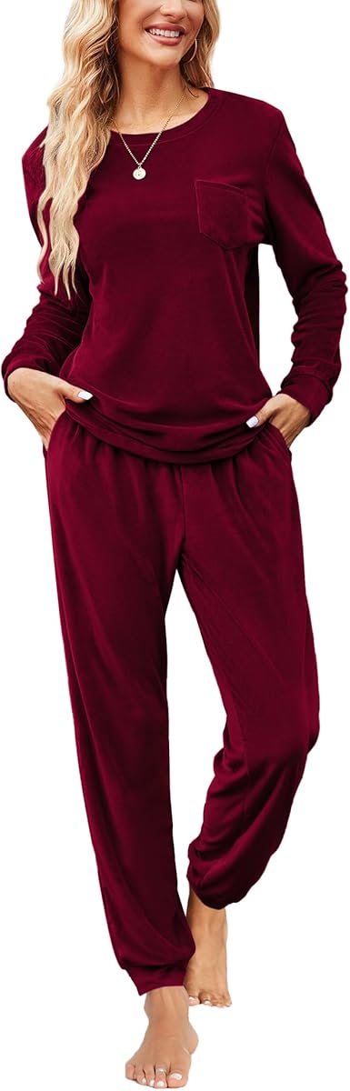Ekouaer Womens Pajamas Sets Long Sleeve Soft Sleepwear 2 Piece Velvet Pjs Lounge Sets with Pockets