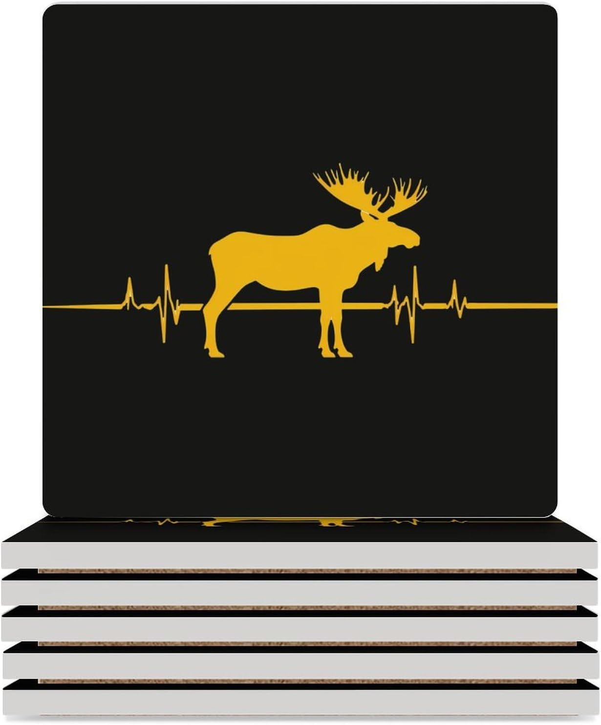 Moose Heartbeat Ceramic Coasters Set Square Drink Coasters Table Coaster for Kitchen Desktop Decor