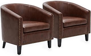 BELLEZE Accent Barrel Chair, Set of 2 Modern Faux Leather Tub Club Chair Upholstered Armchair with Gold Nail Head Trim and Black Legs for Living Room Bedroom Apartment Lounge - Brown