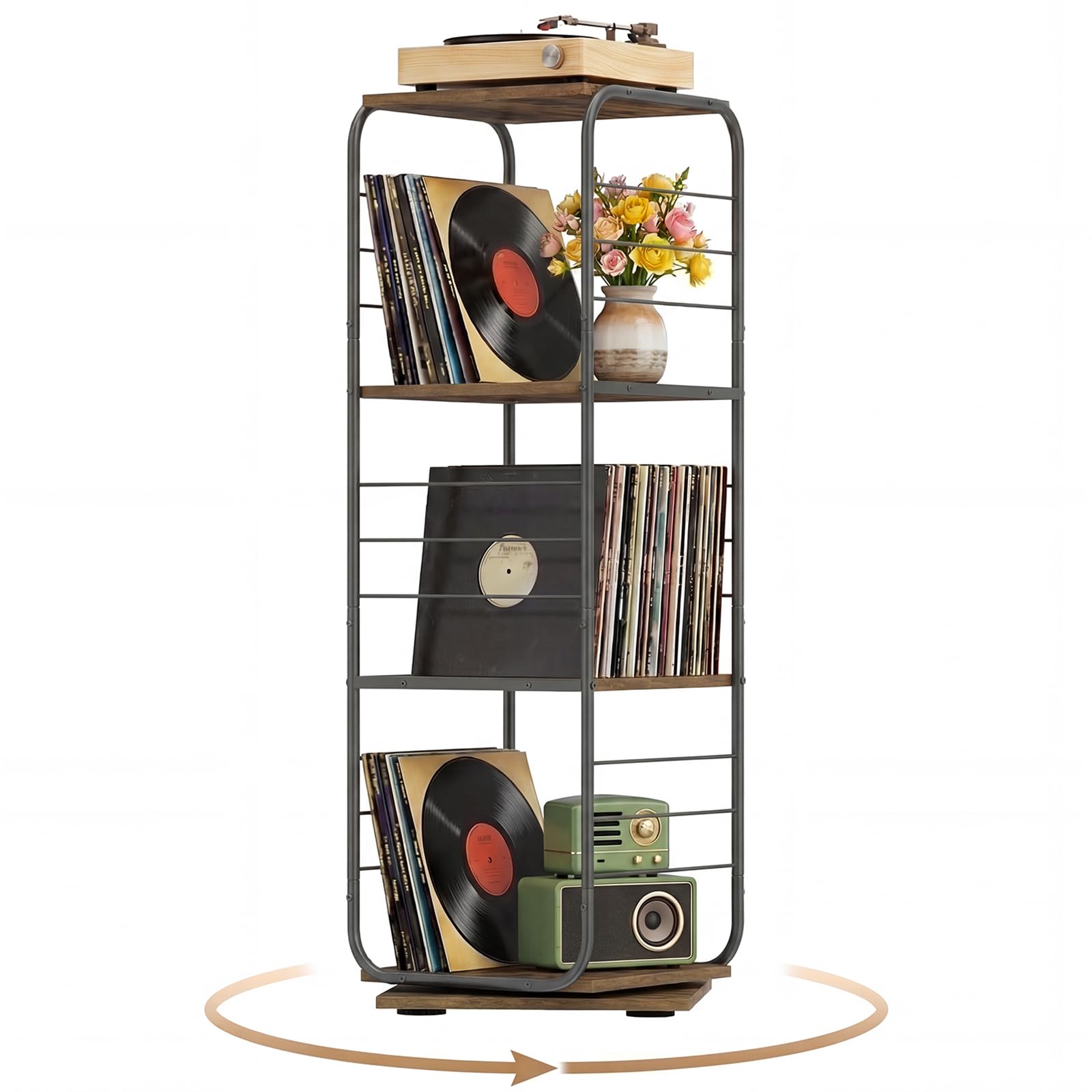 COSTWAY Meuble Rangement Vinyle à 4 Niveaux pour Disques Vinyles, Support Platine Vinyle pour Jusqu’à 210 Albums, Pivotant 360°, Meuble Tourne-Disque Vinyle en Métal, pour Salon (Marron Rustique)