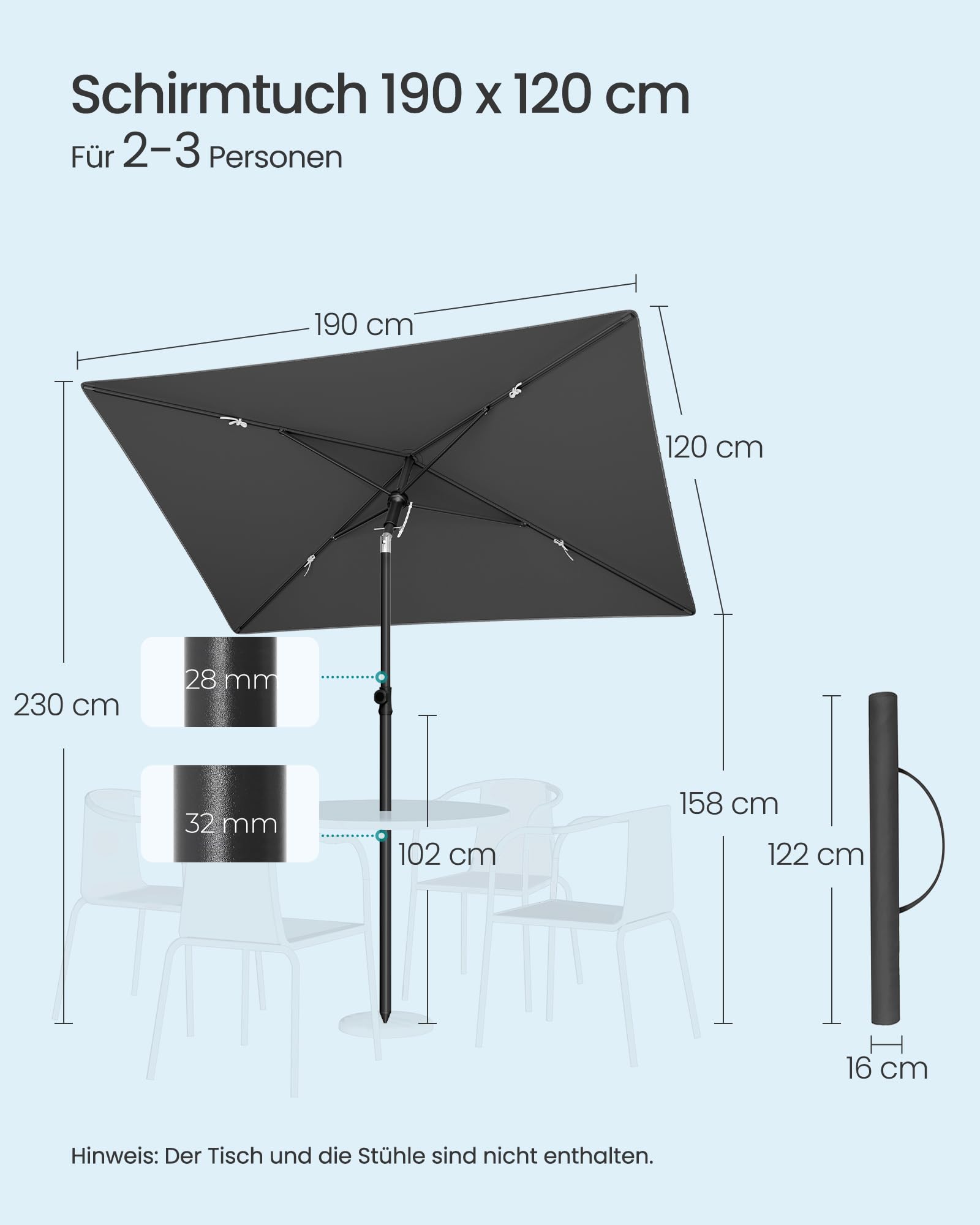 SONGMICS Sonnenschirm Balkon, 190 x 120 cm, Gartenschirm rechteckig, UPF 50+ Sonnenschutz, knickbar, Terrassenschirm, Outdoor Garten Terrasse Strand, Tragetasche, ohne Ständer, grau GPU024GZ01