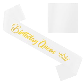 COCIDE Birthday Queen Sash for Women Birthday Decorations for Girls Happy Birthday Party Hair Accessories for Favors Glitter Sashes for Women White & Gold 67"
