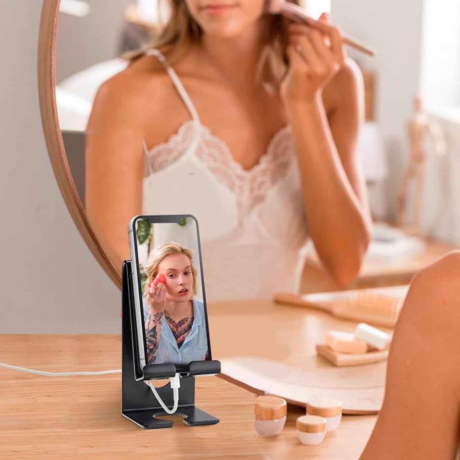 Acrimet Cell Phone Stand for use on Desk or Wall Mount, Charging Dock, Compatible with iPhone and Others Smartphones (Heavy Duty Metal) (Black Color)