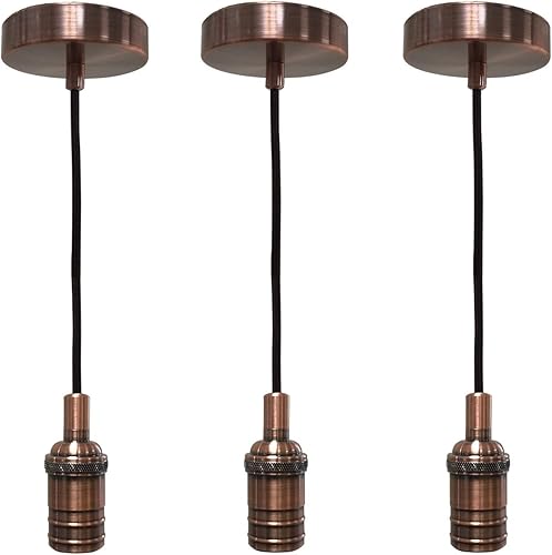 Miniatura 17 de Royal Designs, Inc. Iluminación colgante colgante, enchufe de luz colgante sin llave en forma de cilindro y toldo, cobre antiguo con cable de tela