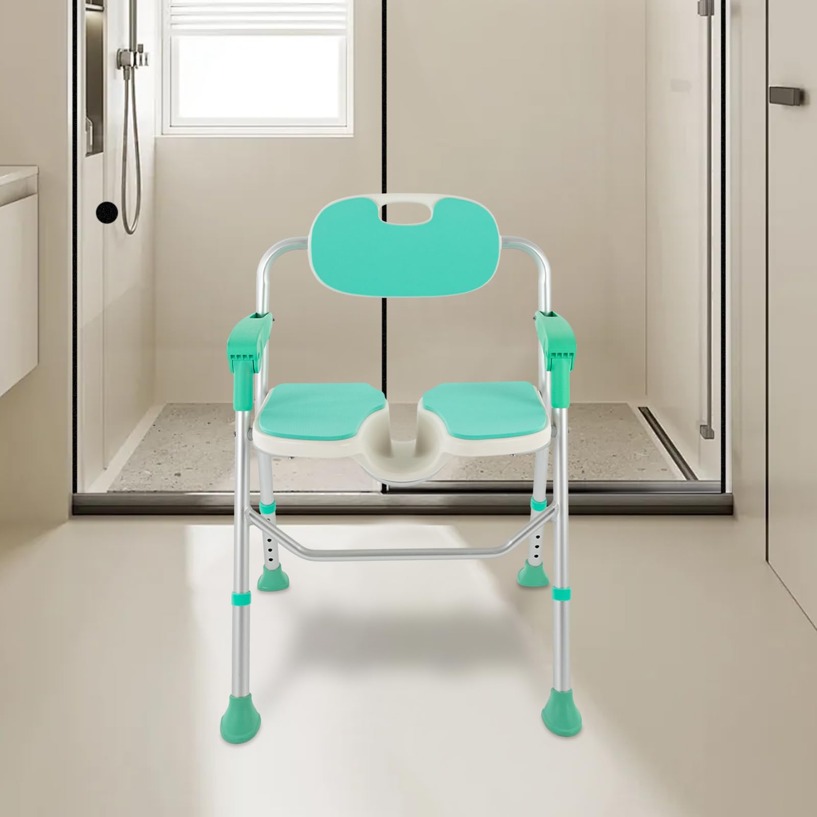 Silla de ducha regulable en altura, con respaldo y reposabrazos, hasta 125 kg, con almohadillas antideslizantes para los pies, para personas mayores, embarazadas, discapacitados, color azul
