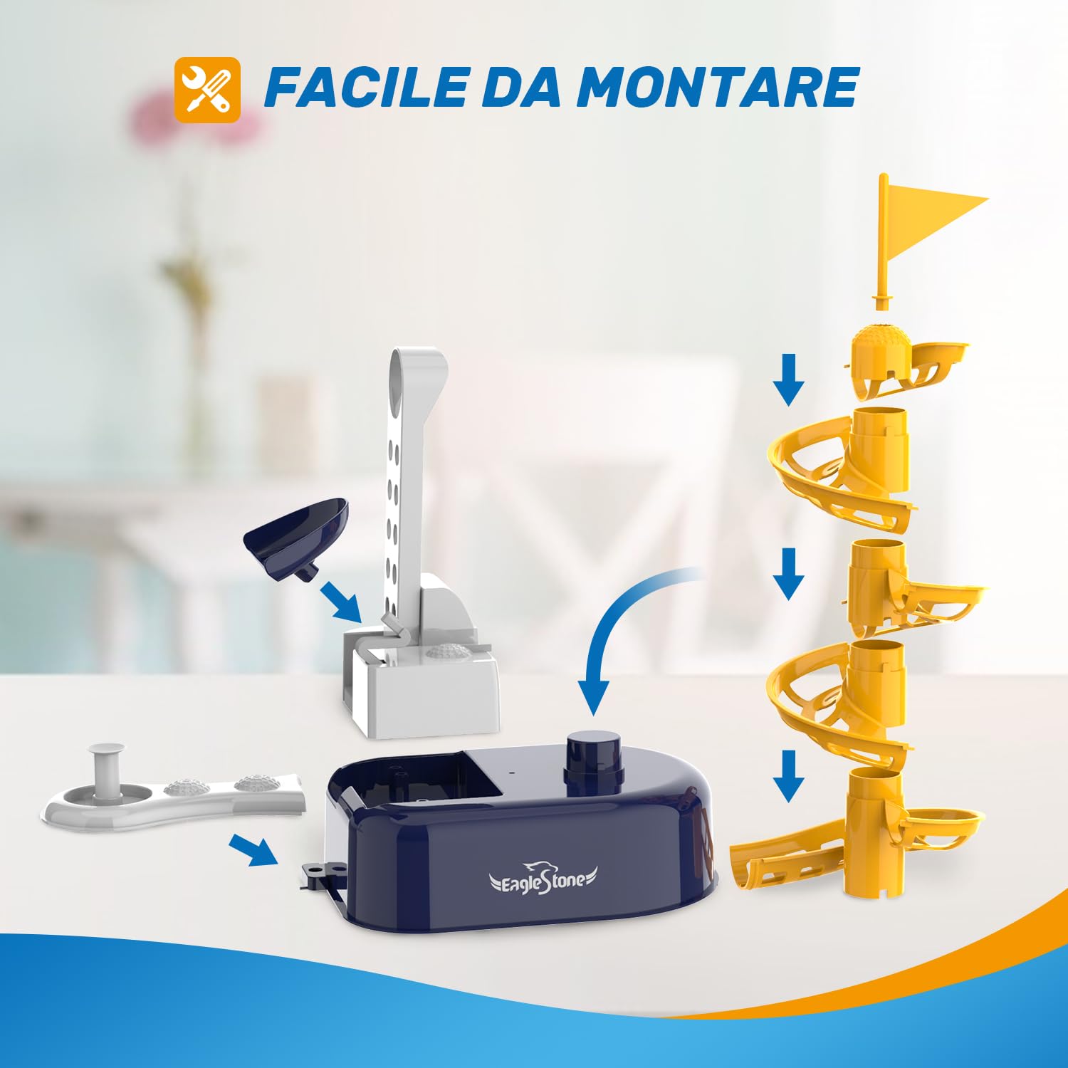 EagleStone Set da Golf Bambini 3-8 Anni con Lanciatore a Pedale, Mazza Regolabile, 15 Palline e Carrello. Giocattolo Sportivo da Interno ed Esterno per Bimbi e Bimbe