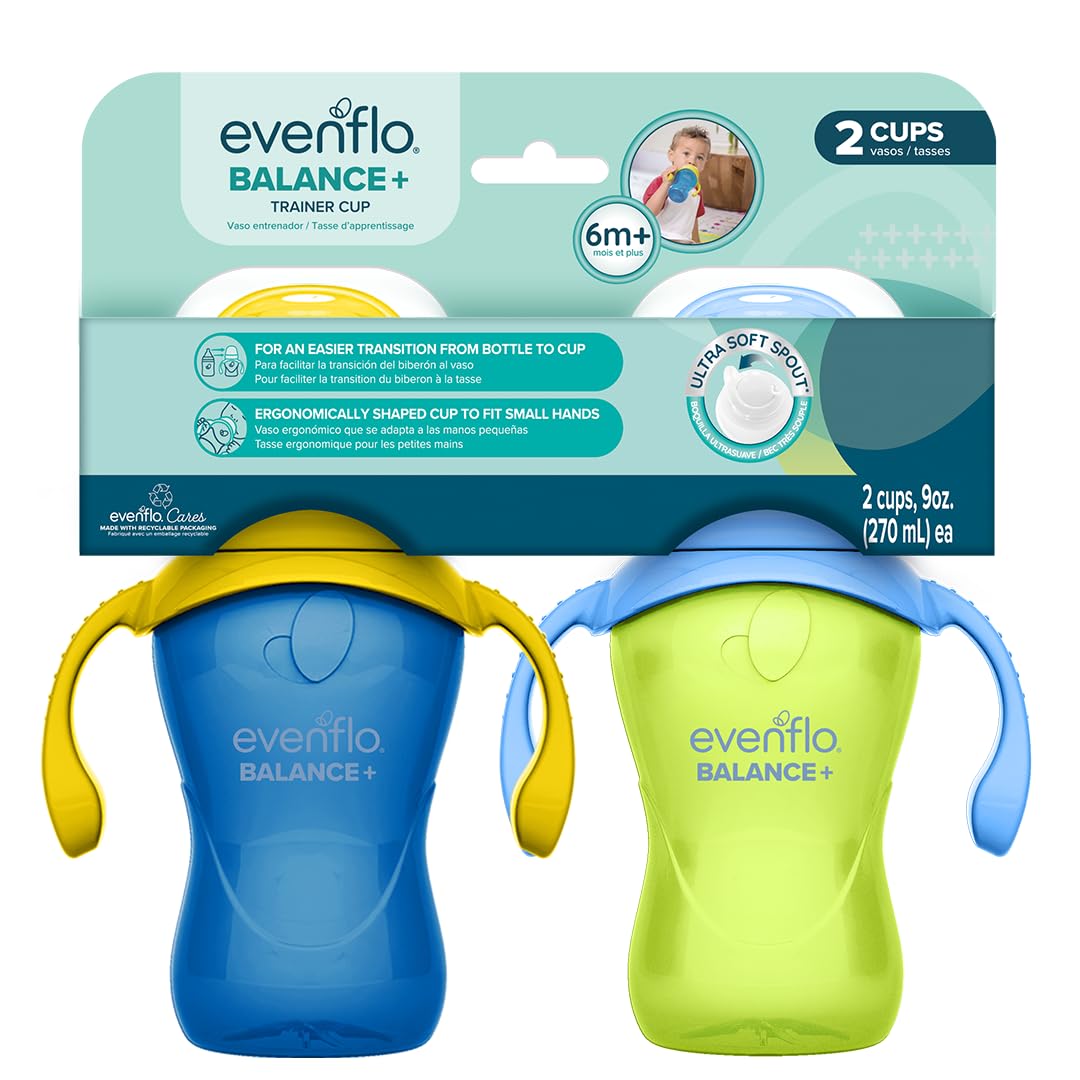 Balance+ Trainer Cups for Babies 6+ Months, Blue and Green, 9oz, 2 Pack, Ergonomic Design with Ultra Soft Spout