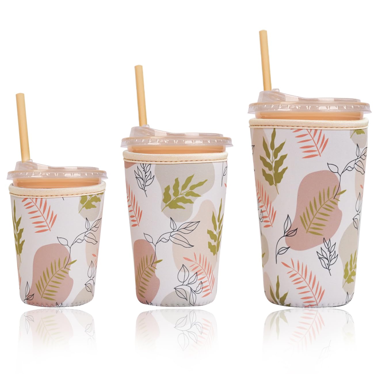 Reusable Insulated Sleeve for Iced Coffee Cup, 3-Pack Coffee Neoprene Drink Sleeve for Cold &amp; Hot Drinks, Beverage Holder for Iced Coffee (Boho Fronds)
