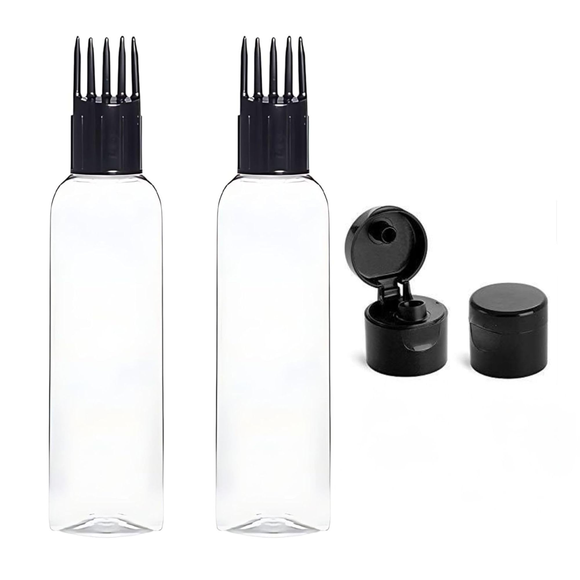 Hian Hair Oil Applicator Bottle with Comb Tip, Transparent Plastic Scalp Dispenser for Easy Oil & Shampoo Application, Refillable Bottle for Root Care (Black Color, Pack of 2)