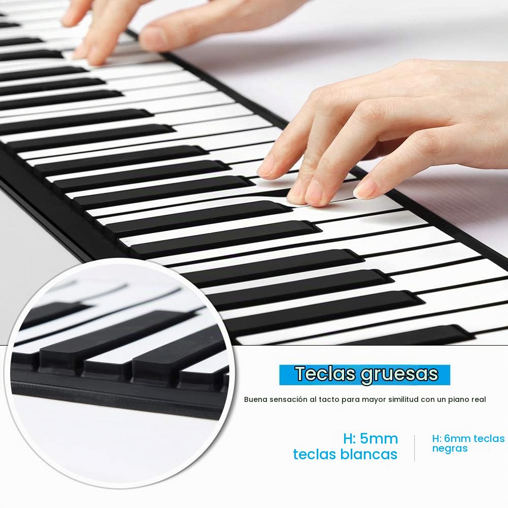 Piano Enrollable Portátil 61 Teclas, Teclado Digital de Silicona Flexible, Piano Electrónico MIDI Con USB Para Niños
