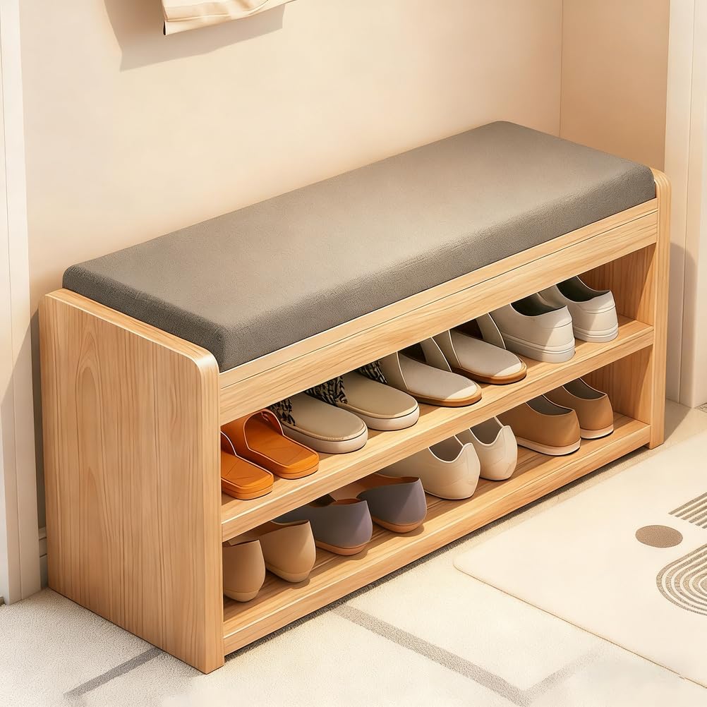 FCXWEVR Wooden Shoe Bench with Cush 2-Tier Shoe Rack for Entryway Natural Solid Wood Shoe Sto with Container 60x30x45.5cm Slish Entryway nizer
