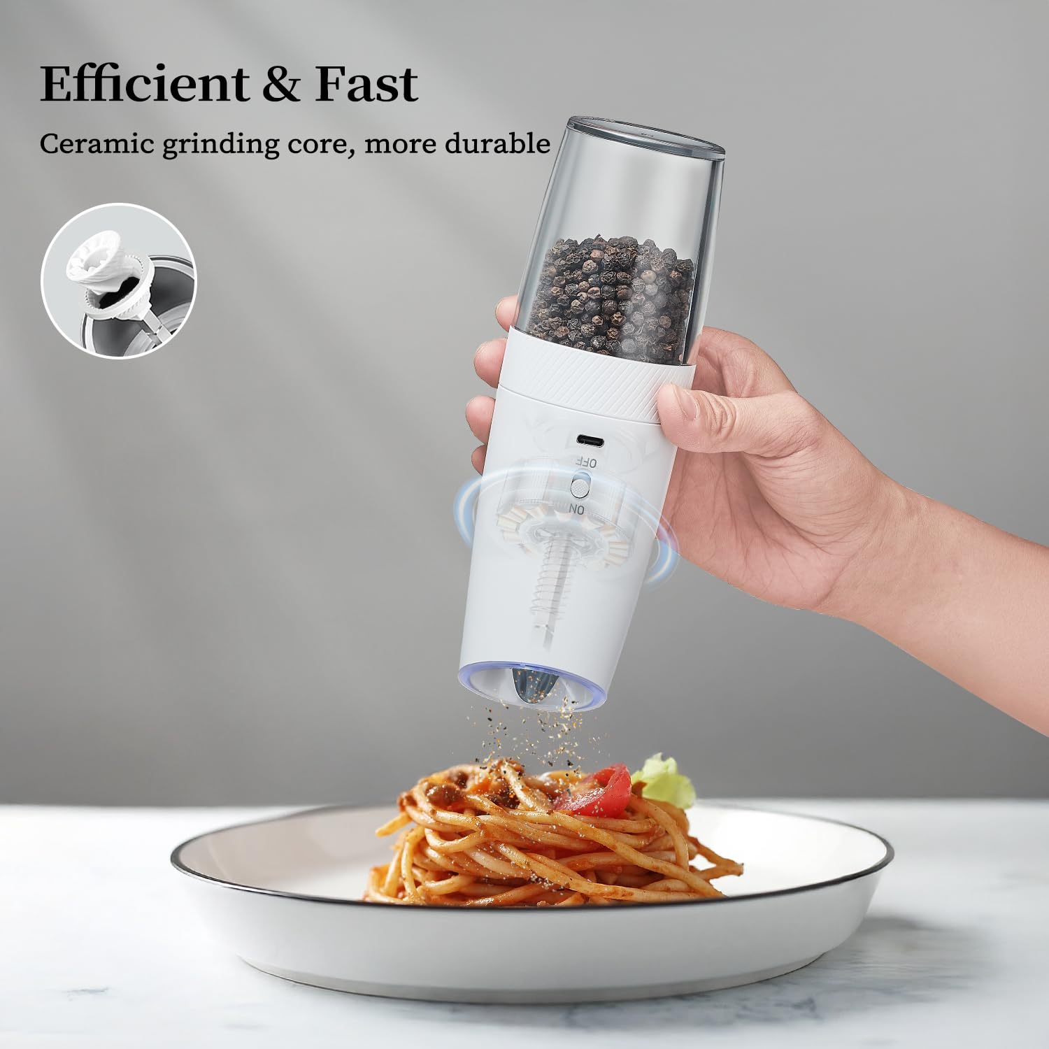 Rechargeable Electric Pepper & Salt Grinder With LED Light - Hands-Free Automatic Mill For Kitchen Or Restaurant (White)