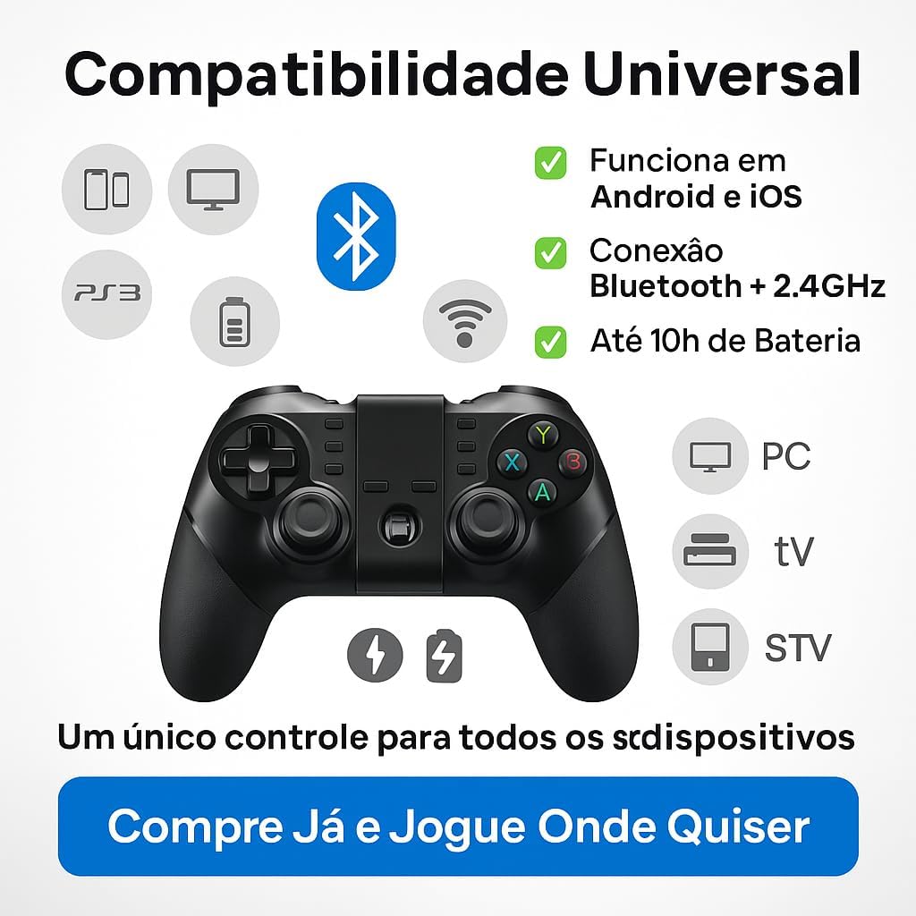 Controle Gamer Premium Bluetooth, Recarregável, Com Suporte Para Celular, Compatível Android, iOS, PC, TV, Função Turbo, Marca VARENZIA