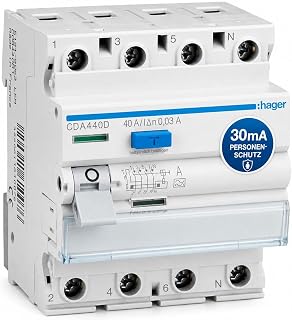 Hager CDA440D Fehlerstromschutzschalter Typ A 40A 30mA 4-polig 3P+N FI-Schalter 6kA für DIN Hutschiene, RCD Schutzschalter 230V 400V, Schraubtechnik QuickConnect, Personenschutz