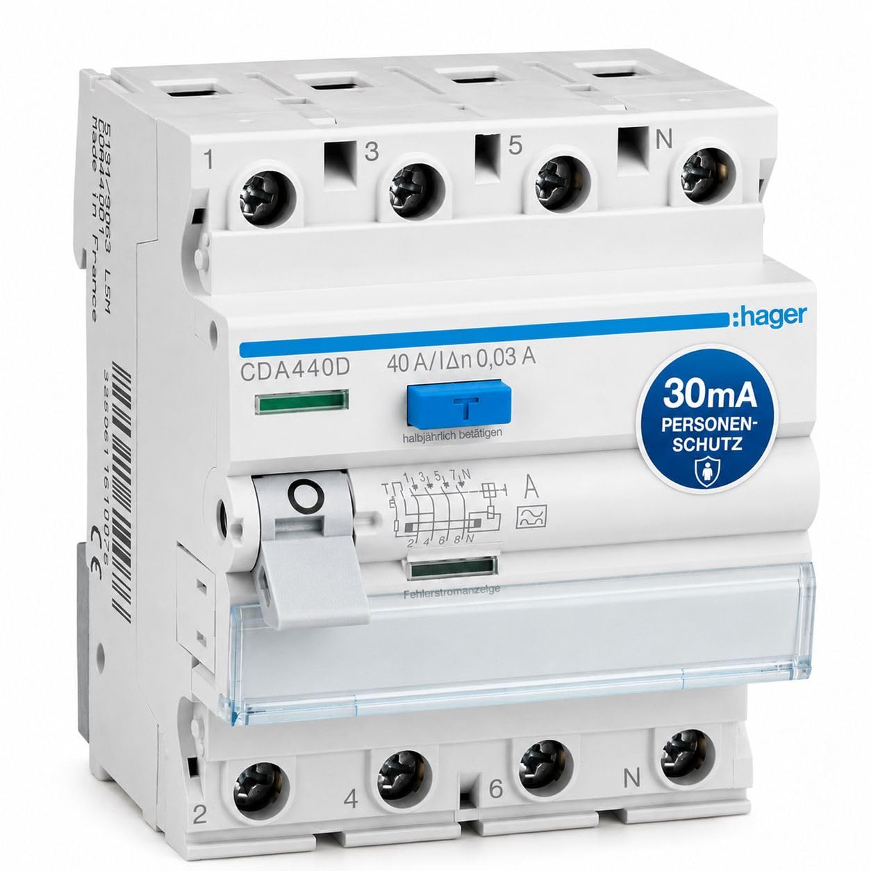 Hager CDA440D Fehlerstromschutzschalter Typ A 40A 30mA 4-polig 3P+N FI-Schalter 6kA für DIN Hutschiene, RCD Schutzschalter 230V 400V, Schraubtechnik QuickConnect, Personenschutz