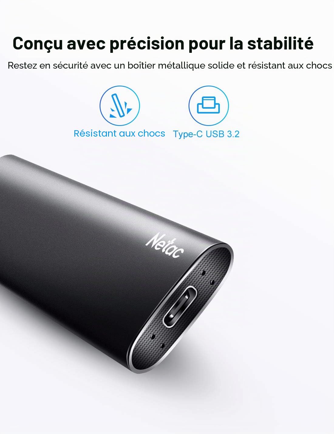 Netac 250 Go Externe SSD USB 3.2 Gén 2 Disque Dur Portatif Vitesse Jusqu'à 550MB/s (10 Gbps, Type-C, Aluminium)
