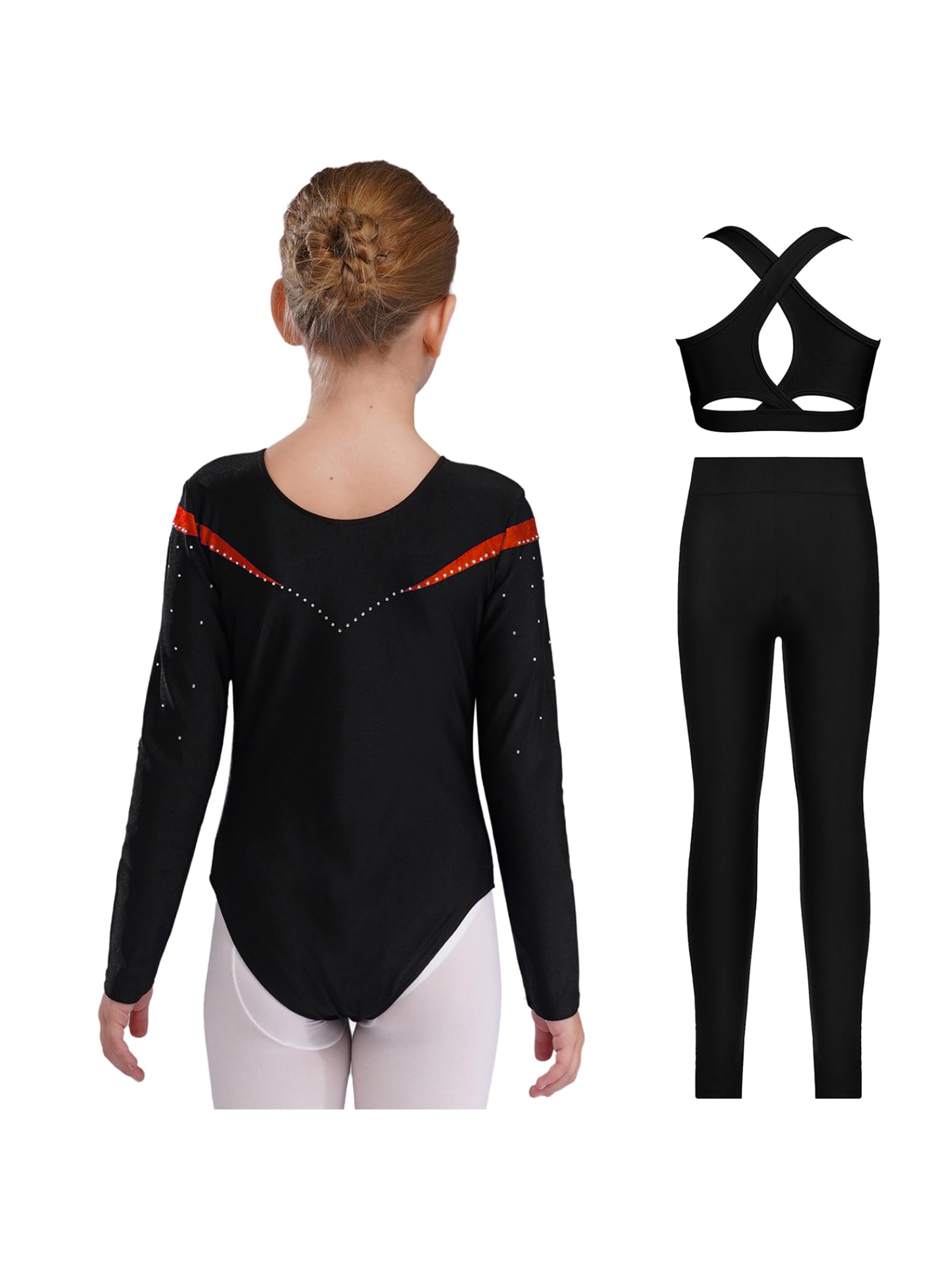 Piezas De Traje De Gimnasia Con Destellos Para Niñas Leotardos De Gimnasia De Manga Larga Tops De Deporte Brasier Y Pantalones Traje De Baile Para Rojo 11-12 años
