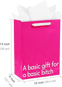 WRAPAHOLIC 13 Funny Profanity Birthday Gift Bags with Tissue Paper - Pink Basic Bitch Funny Paper Bags for Birthday Wrapping Adults Men Women