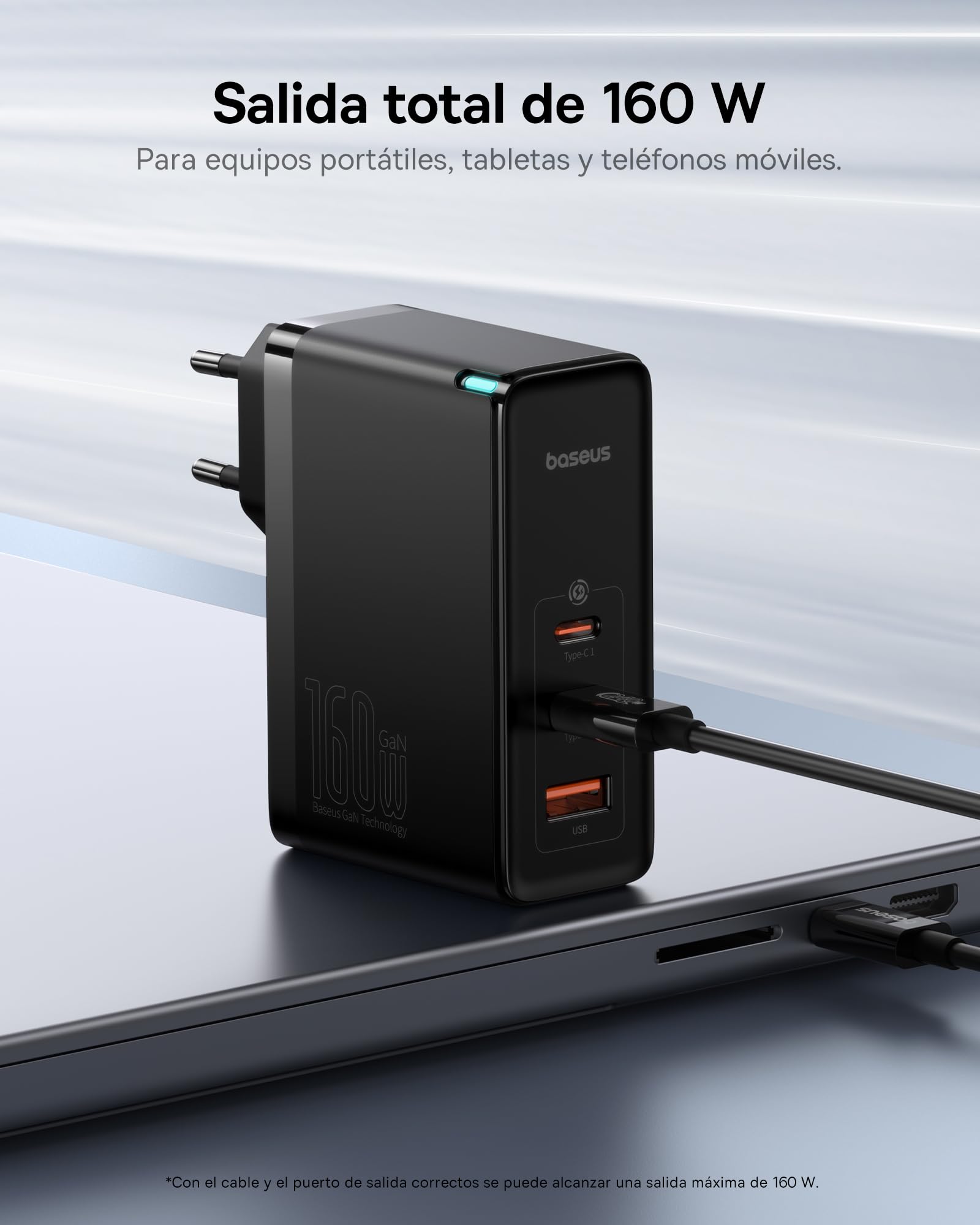 Baseus Cargador USB C Rápido 160W 3 Puertos, Tipo C PD 3.1 PPS GAN Carga Rápida Compatible Con MacBook Pro/Air, Samsung Galaxy S24 Ultra, iPhone 15/14/13, iPad Pro/Air, Laptop