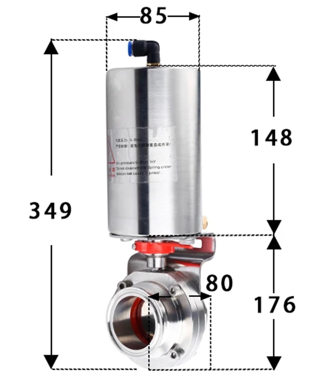 Válvula de mariposa de 19-108 mm, 1,5", 2"-4", 304 y 316L con actuador neumático(89mmK106)