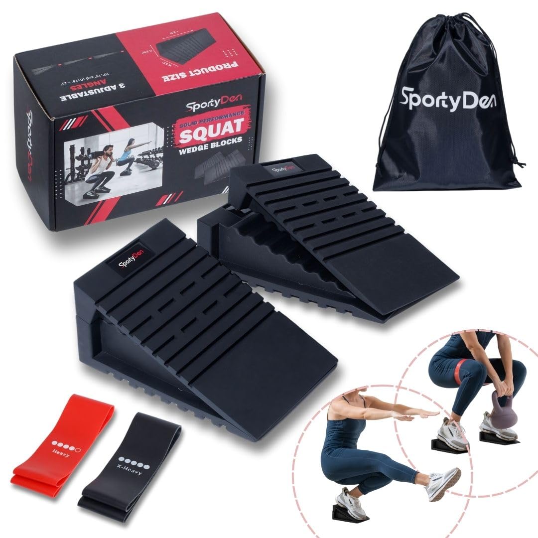 Squat Wedge Block Non-Slip Rubber, Adjustable Angles [Men up to US9] Heel Wedge for Squats, Squat Ramp for Calf Raises, Weight Lift and Stretch Exercise, Includes 4 Pcs Set, 2 Bands & Storage Bag.