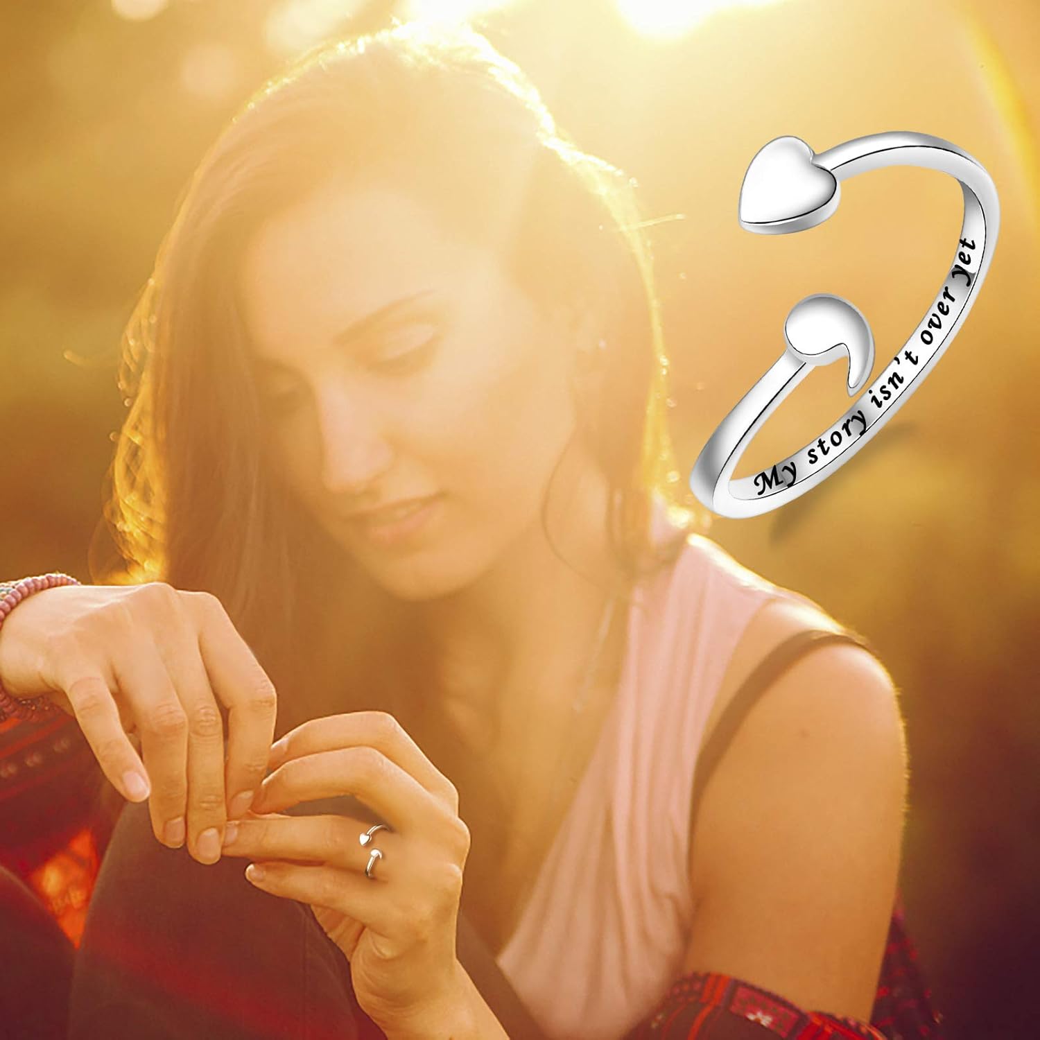 Fookduoduo 925 Sterling Silver Ring Heart Semicolon Ring adjustable Wrap Open Rings for Women