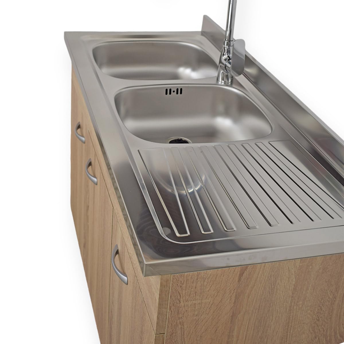 Yellowshop - Mobile cucina sottolavello a 3 ante cm 120 effetto legno rovere well componibile con lavello inox e scolapiatti Basic (Sottolavello completo piano Dx)