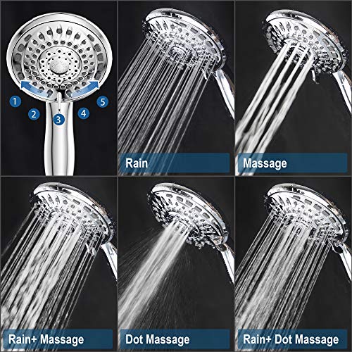 High Pressure 5-Setting Giant 5" Chrome Face Handheld Shower Head, Hand Held Showerhead For The Ultimate Shower Experience, With Extra Long 5 Foot Stainless Steel Hose, Anti Clog Jets #TOP1
