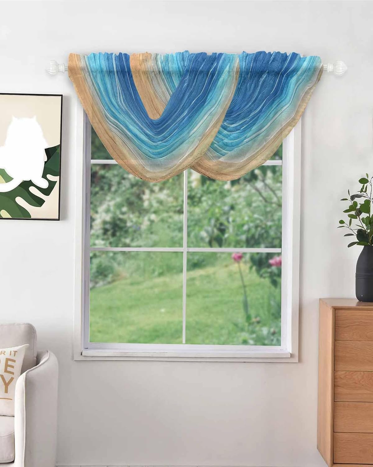 Ocean Blue Waterfall Valance for Windows,Living Room Bedroom Kitchen Swag Valance Sheer Scalloped Curtain Rod Pocket Drapes,Abstract Sea Wave Contemporary Minimalist Geometric 38.5"x47.2",3Pack