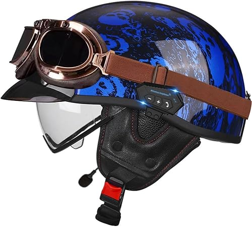 Miniatura 14 de Casco de cara abierta con Bluetooth para hombres y mujeres, casco retro de estilo alemán con diseño de calavera, visera con gafas, casco de media