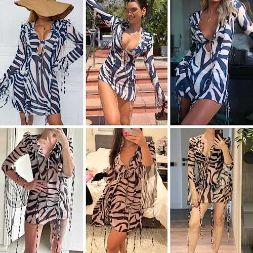Image of Women's Sexy Ruffle Trim See Through Mesh Mini Dress Elegant Tassel Striped Long Sleeve Bodycon Party Beach Dress