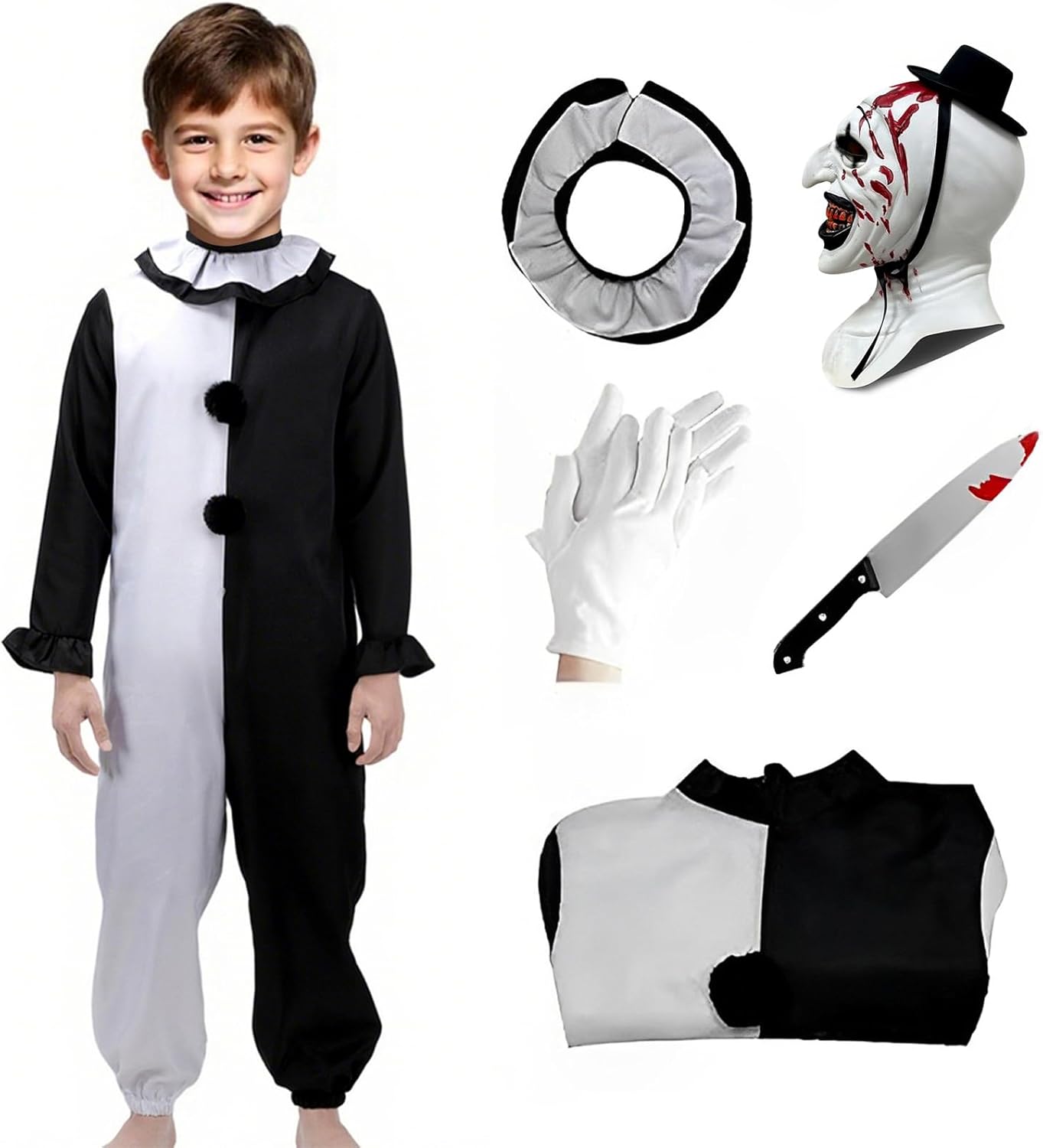 Incomplete Terrifying Art Clown Costume Kids Horror Killer Clown Costume with Mask Scary Halloween Cosplay Outfits Kids Outfits-a X-Large?150?