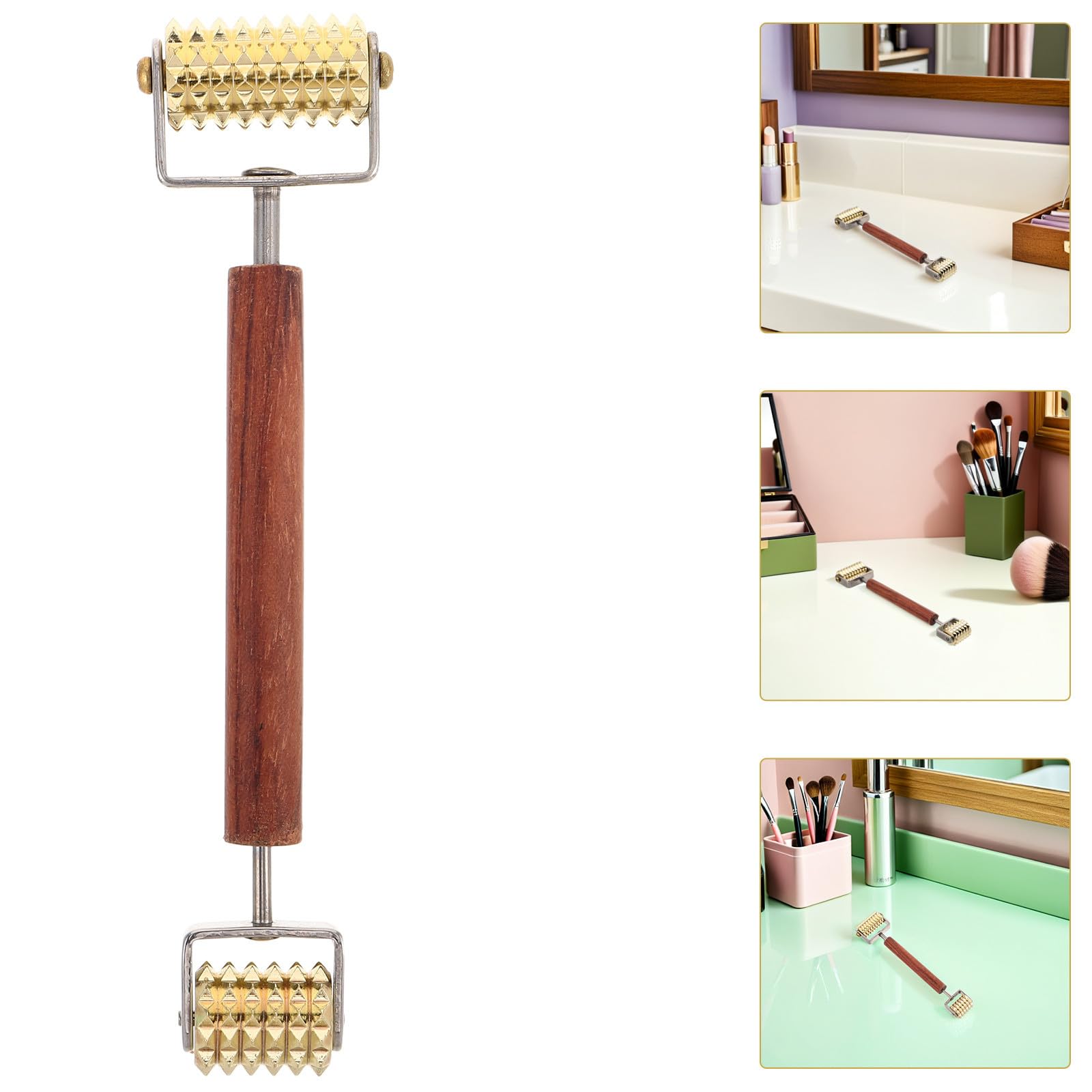 ibasenice Masajeador Facial en Forma de V Rodillo Facial de Belleza 3d Acero Inoxidable y Madera Dorado Compacto y Ligero para Rutinas Diarias Mujeres