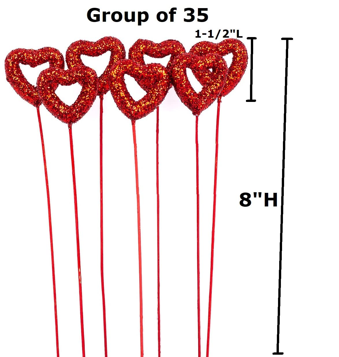 Pack of 35 Red Glittered Valentine Heart Stems by Factory Direct Craft - Glitter Heart Picks for Valentine's Day and Sweetest Day Decorations