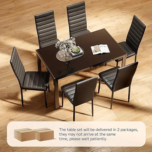 Miniatura 8 de Juego de comedor de cristal de 7 piezas, muebles de mesa de cocina modernos para comedor, comedor, compacto que ahorra espacio con mesa de vidrio, 6
